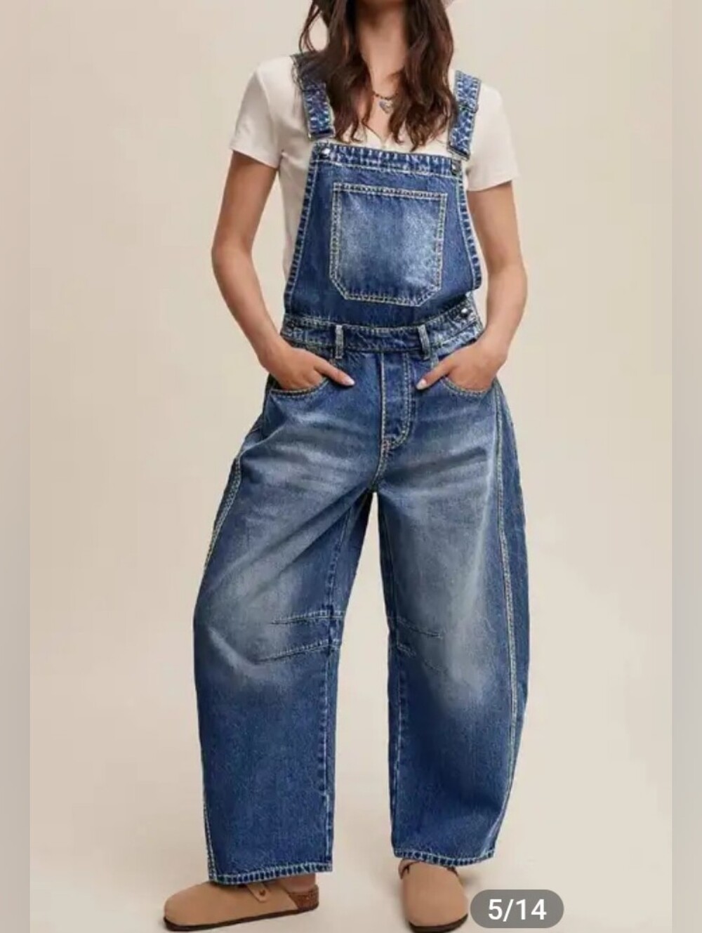 Flamingals Wash Patch Pocket Stitch Detail Barrel Leg Denim Overalls NWT